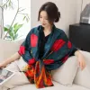 A thin, fashionable and versatile silk scarf with a blue background and red flowers for women in spring and summer details Picture